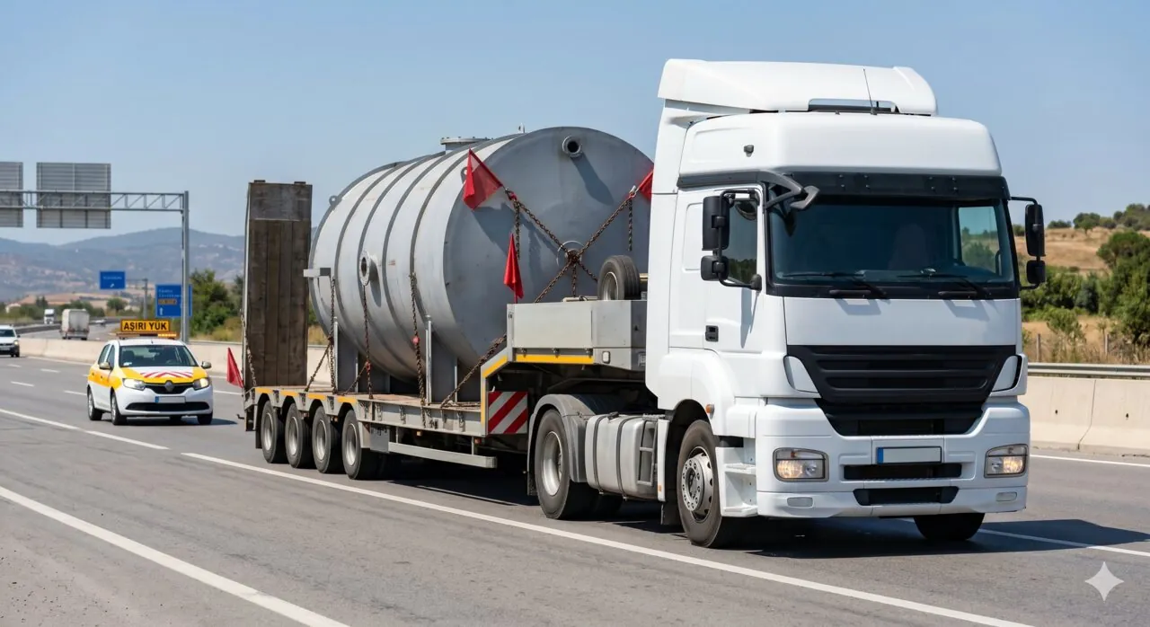 Lowbed dorse üzerinde gabari dışı endüstriyel tank, eskort aracı eşliğinde otoyolda — ağır nakliye