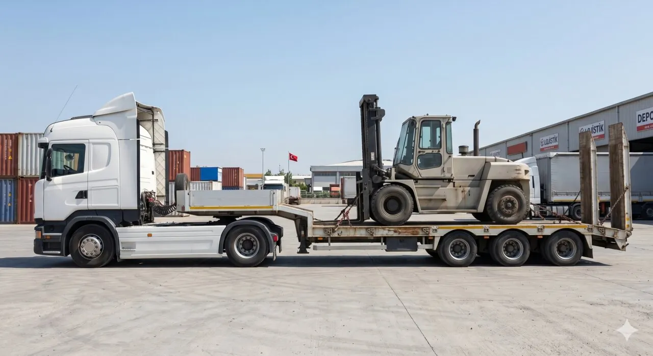 Forklift Taşıma — lowbed dorse üzerinde güvenli taşıma