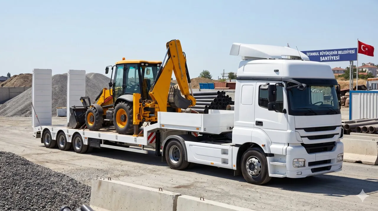 Kazıcı-Yükleyici (Beko) Taşıma — lowbed dorse üzerinde güvenli taşıma